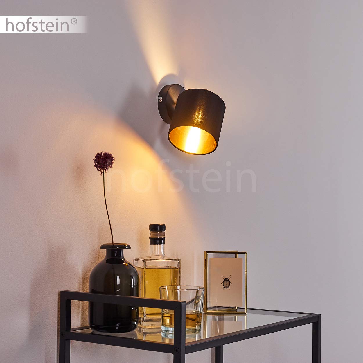 Wandleuchte Alsen, Wandlampe aus Metall/Stoff in Schwarz/Gold, 1-flammig, 1 x E14-Fassung, verstellbarer Wandspot mit Stoff-Schirm im Retro/Vintage-Desgin, ohne Leuchtmittel
