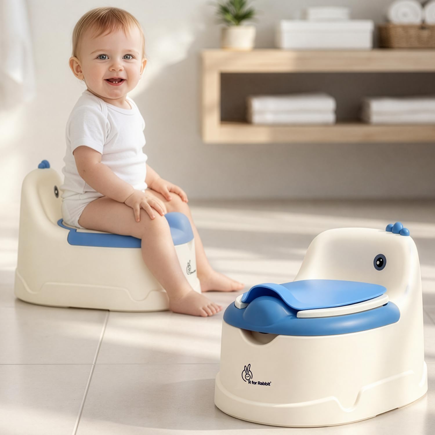 R for Rabbit Tiny Tots Dino Potty Seat Comfortable Potty Training Removable Bowl Anti-Slip Pads Ergonomic Design for New Born Baby/Infant/Kids Weight Up to 50 kg 1 to 7 Years (White Blue)-image-14