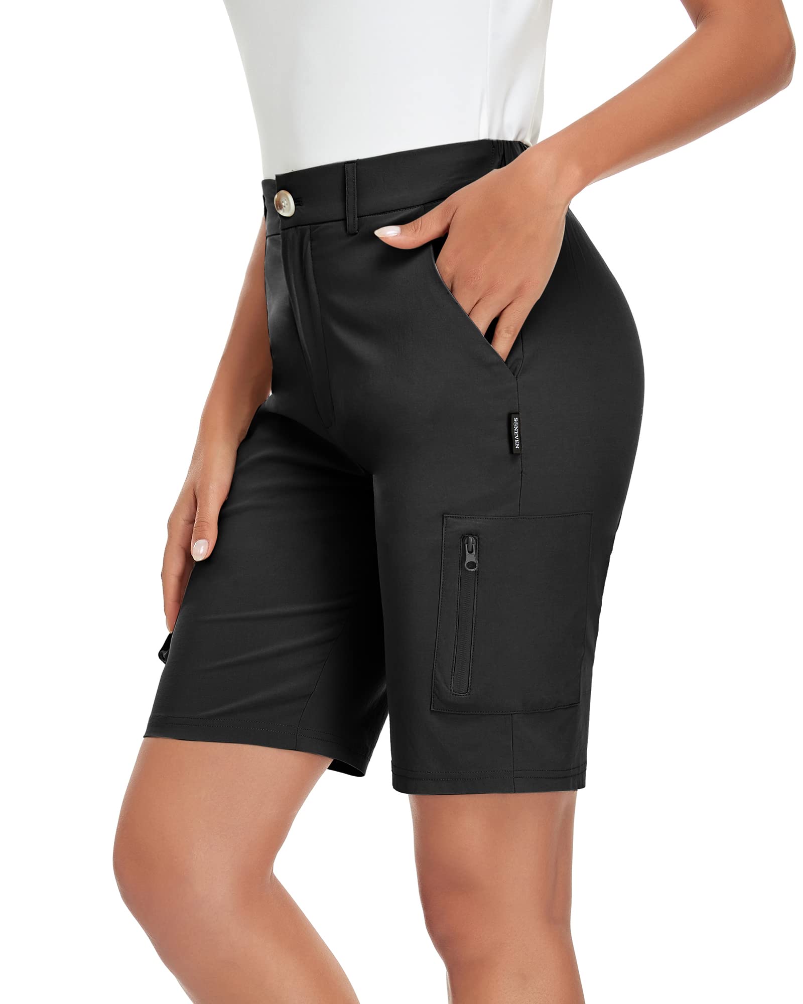 Soneven Pantalones Cortos Cargo Mujer Bermuda Shorts Ligero Verano con Bolsillos Cremallera para Trekking Montañismo Senderismo Entrepierna de 25cm