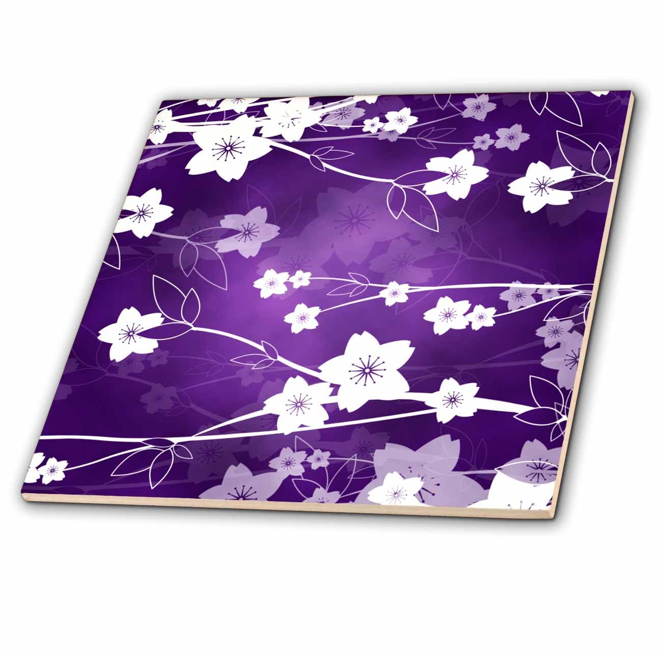 3dRose ct_128238_4 Cherry Blossom White on Purple Ceramic Tile, 12