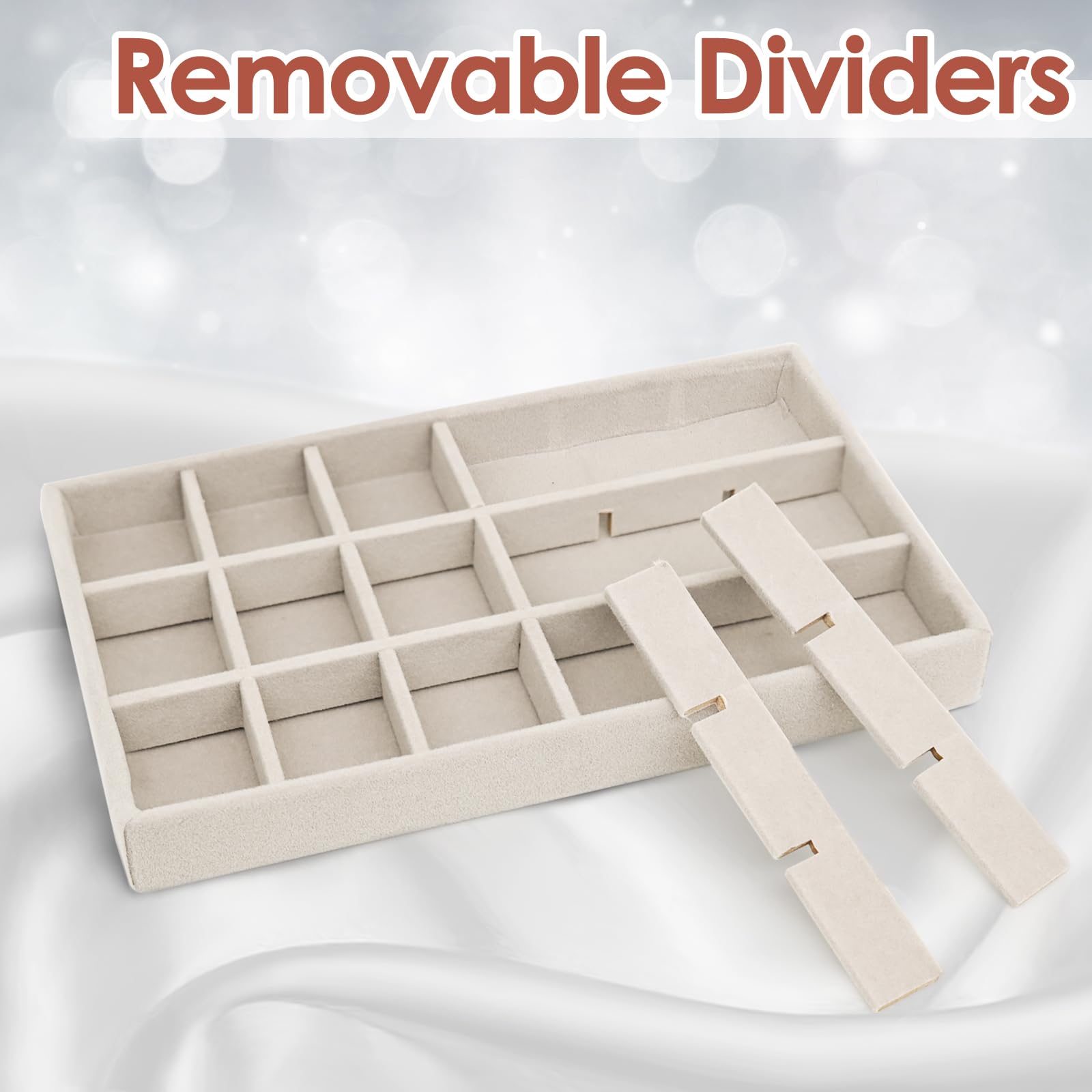ProCase Set di 3 vassoi impilabili per cassetti, inserto per cassetti, divisori, espositori, gioielli, con divisori rimovibili, per anelli, orecchini, collane, bracciali, orologi, colore: beige