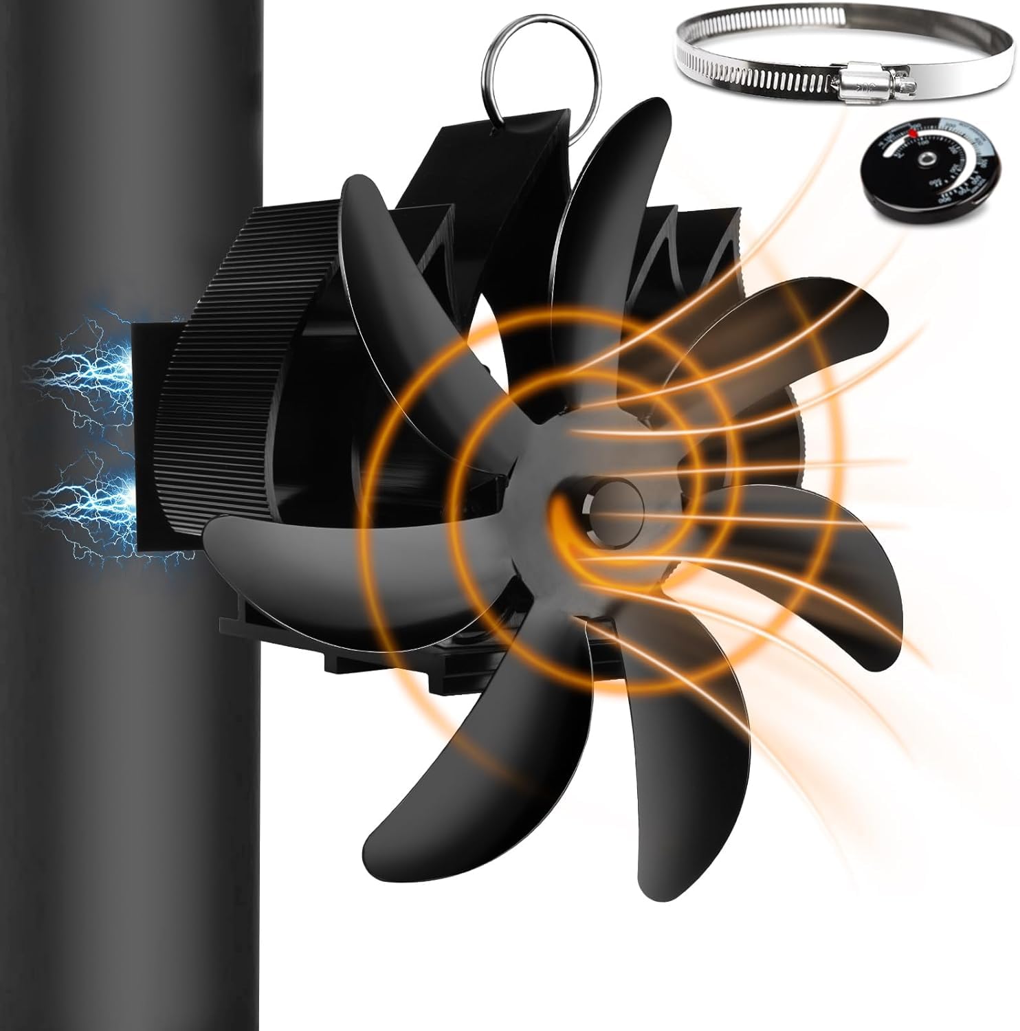 Fwiull Ventola Stufa Legna Magnetico, 7 Pales Ventilatori per Stufe a Legna,Ventilatore Stufa da Tubo con Termometro, Senza corrente Silenziosa ed Efficiente per Camino/Pellet/Gas