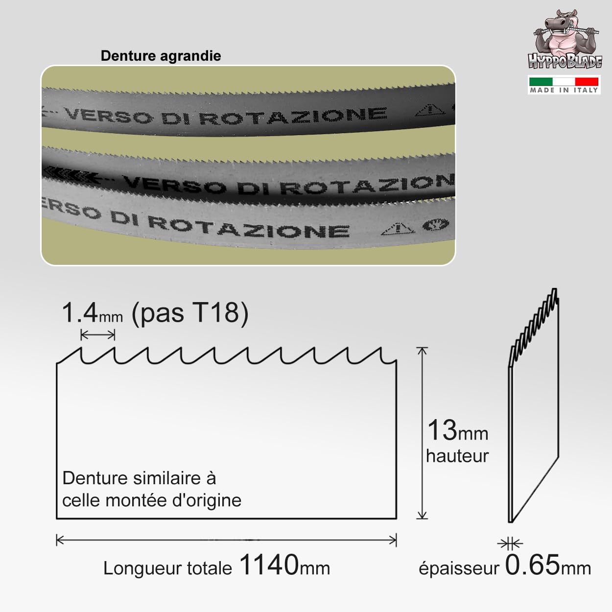 Fraiser Hippoblade – Lot de de 3 lames de scie à ruban 1140x0.65x13 mm professionnelles – pour métal (fer, acier), compatibles avec scies à ruban PMB 1100, MBS 1100, MBS 1200, TE-MB 18, R2103 – 18 TPI