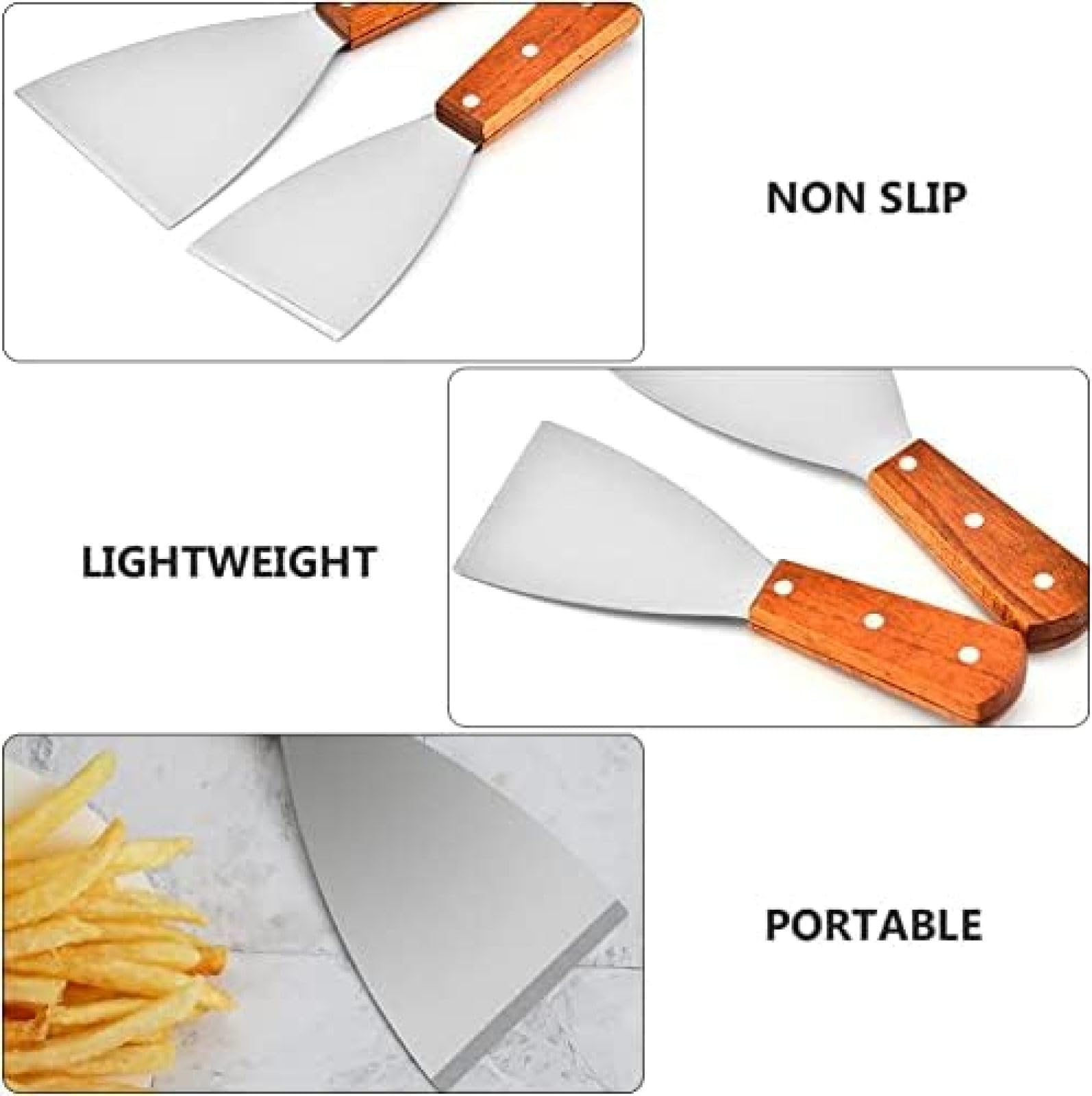 Lot De 2 Spatules En Métal Pour Poêle En Fonte, Spatule De Gril En Acier Inoxydable, Tourne-crêpes, Grattoir, Outils Teppanyaki Avec Manche En Bois Pour La Cuisson Du Barbecue,Couleur Assortie,Ple
