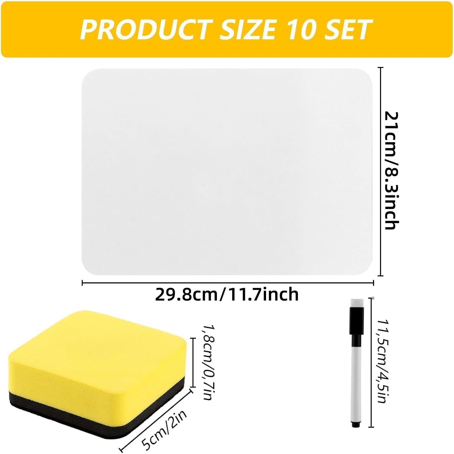 Lot de 10 petits tableaux blancs - 21 x 29,7 cm - Format A4 - Portable - Double face - Avec 12 gommes - Pour salle de classe, maison, bureau