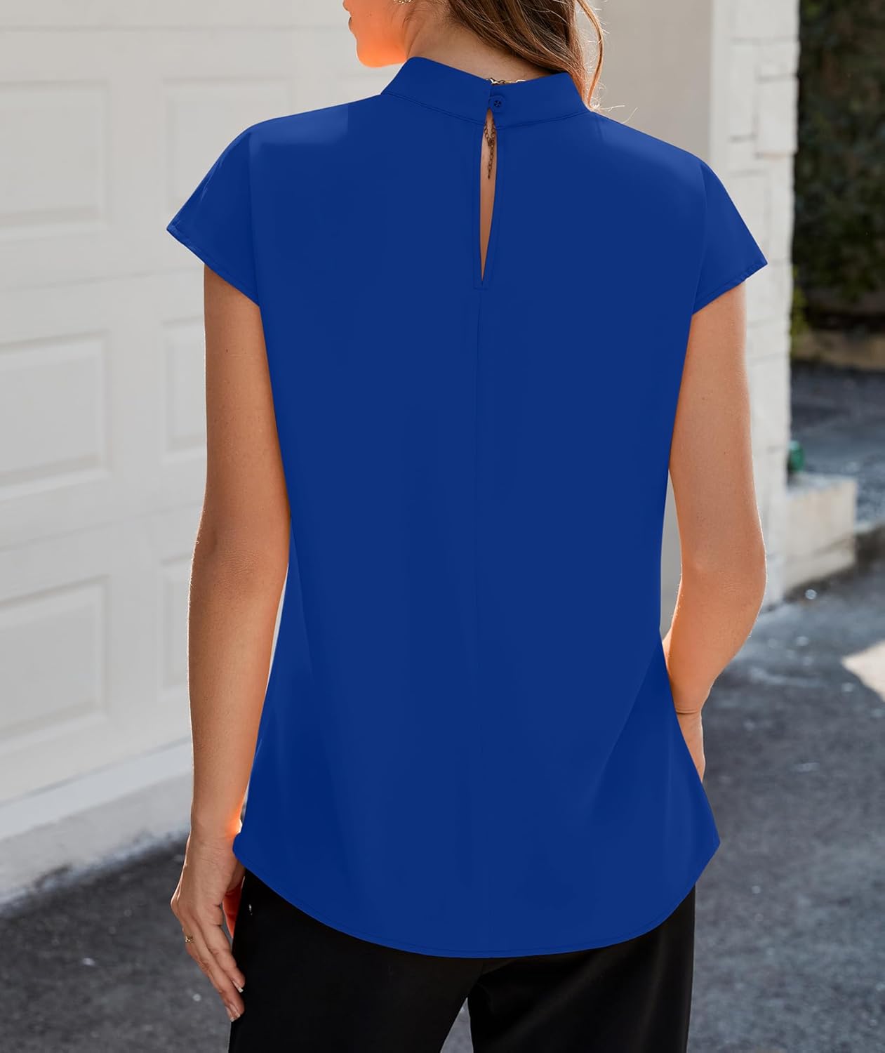 Funlingo Womens Summer Tops Mock Neck Short Cap Sleeve Blouses Business Casual Work Chiffon Shirts Front Pleated Tunic Top - Image 2