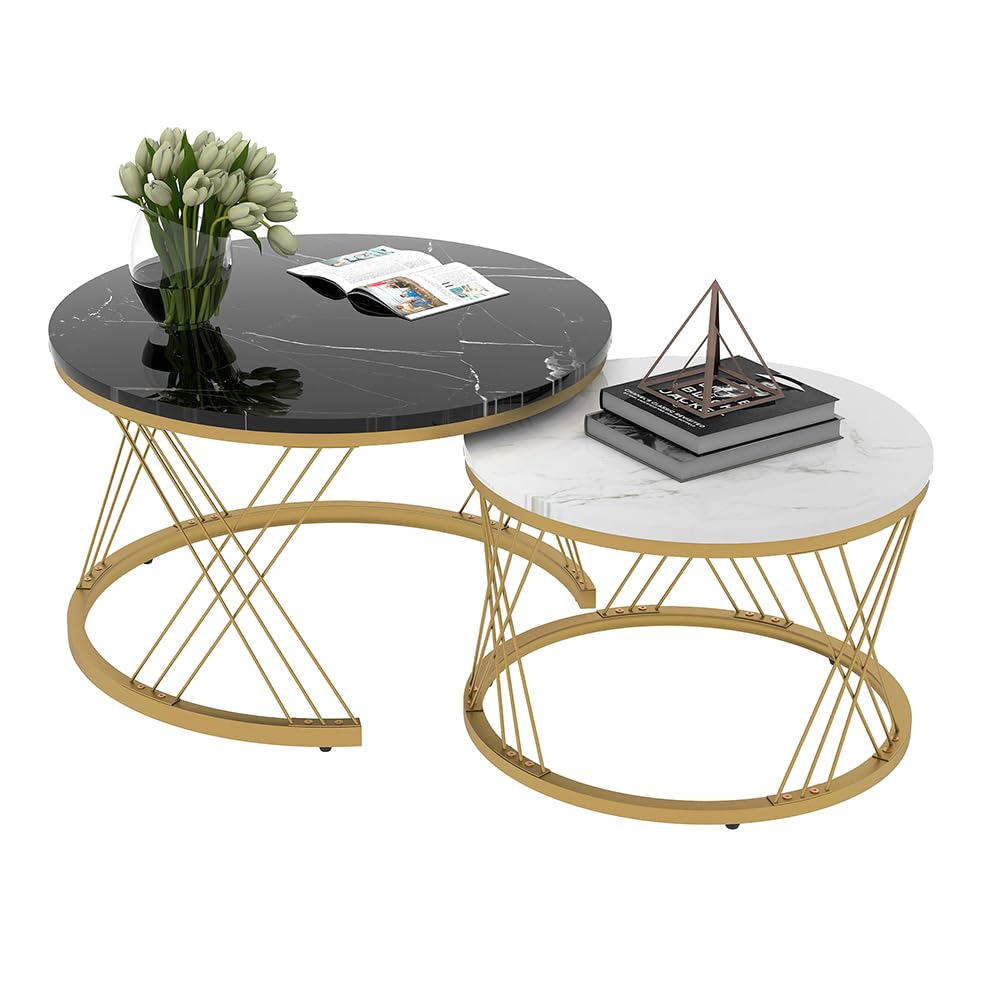 Ensemble de tables basses haute brillance et marbre noir blanc d'exception