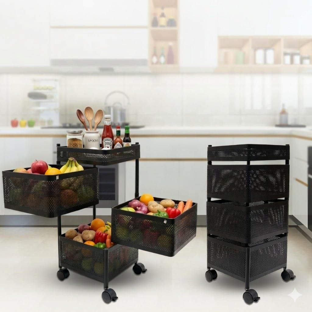 PLANX Metal Rotating Kitchen Trolley, 3 Layer Storage Rack with Wheels, Vegetable and Fruit Organiser Holder, Onion-Potato Storage Basket-image-46