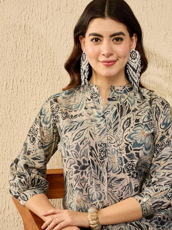 Image of Vaamsi Women's Blue Silk Blend Floral Printed Top | Western Tops for Women