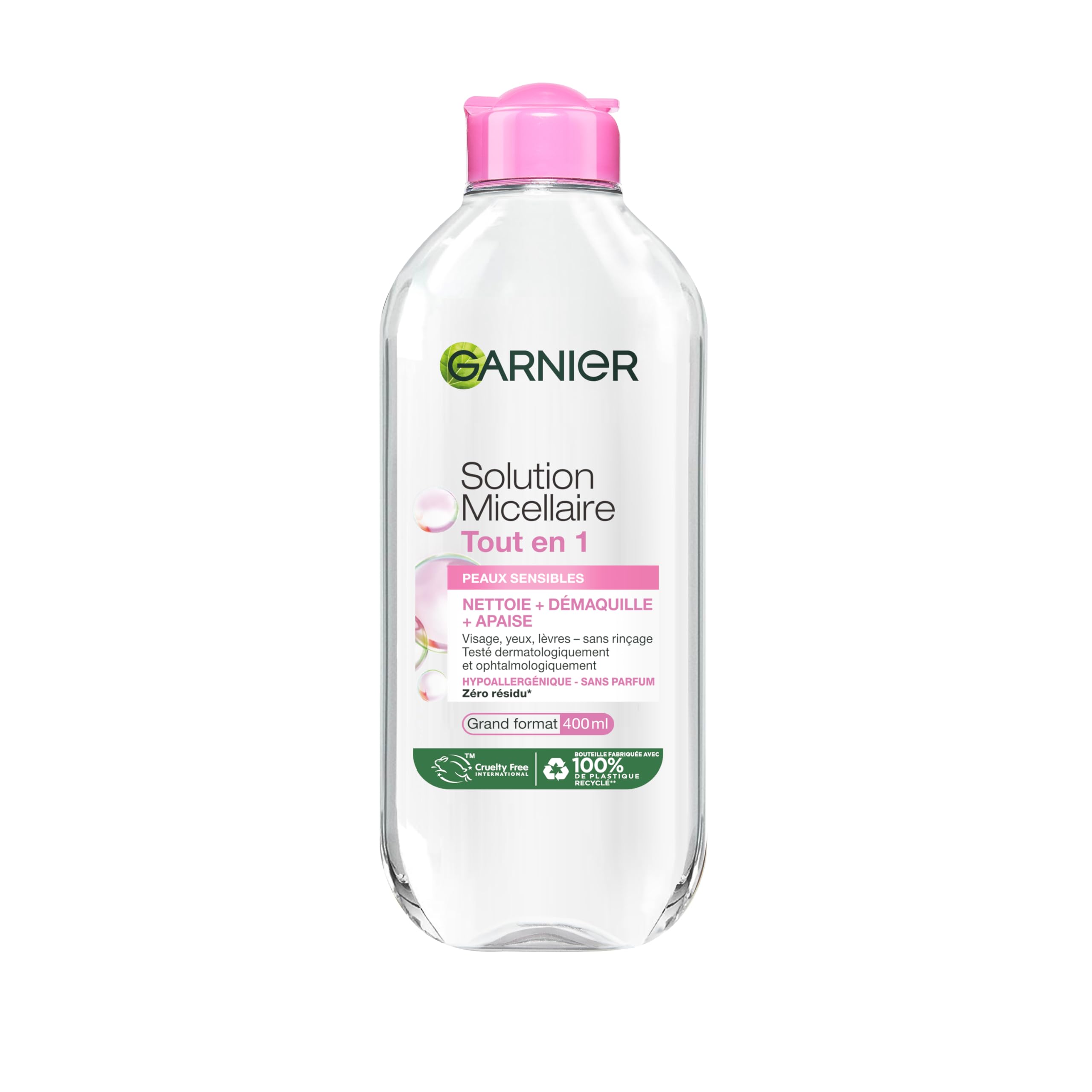 GARNIER Skin Active - Solution Micellaire Tout-​En-​1 - Nettoie, Démaquille & Hydrate - Micelles & Glycérine Hydrantante - Sans Parfum - Visage, Yeux, Lèvres - Peaux Sèches & Sensibles - 400 ml