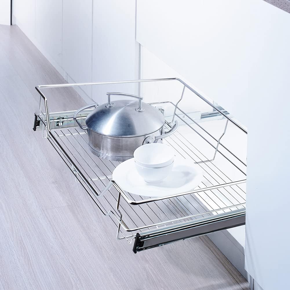 Kitchen Sliding Cabinet Organizer Pull Out Chrome Wire Storage Basket Drawer Pull Out Cabinet Shelf for Kitchen Cabinets Cupboards (20.3 x 17.3 x 5.3inch)