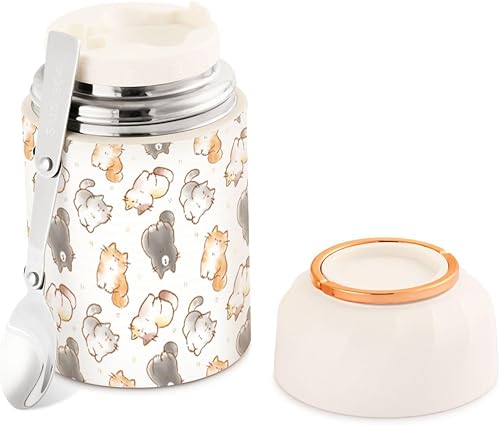 Tarro de comida de gatos de dibujos animados con cuchara de acero inoxidable aislado al vacío, recipiente de alimentos de 17 onzas para adultos