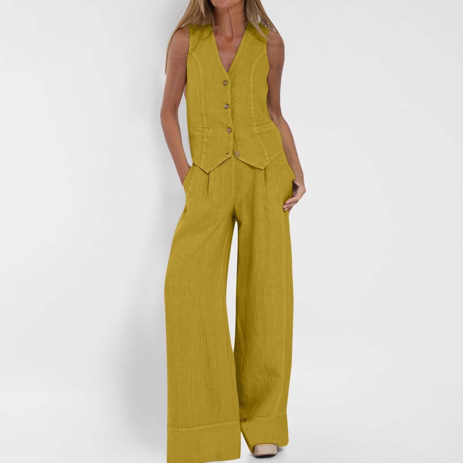 Generico Completo Casual da Donna in Cotone 2 Pezzi Camicia da Donna Senza Maniche con Bottoni Pantaloni Dritti a Gamba Larga con Tasche