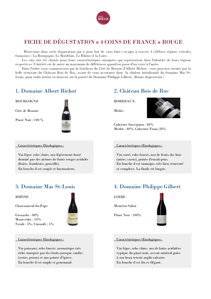 Dégustation "4 Coins de France" Vins Rouges : Bordeaux, Bourgogne, Rhône, Loire + Fiche de Dégustation !