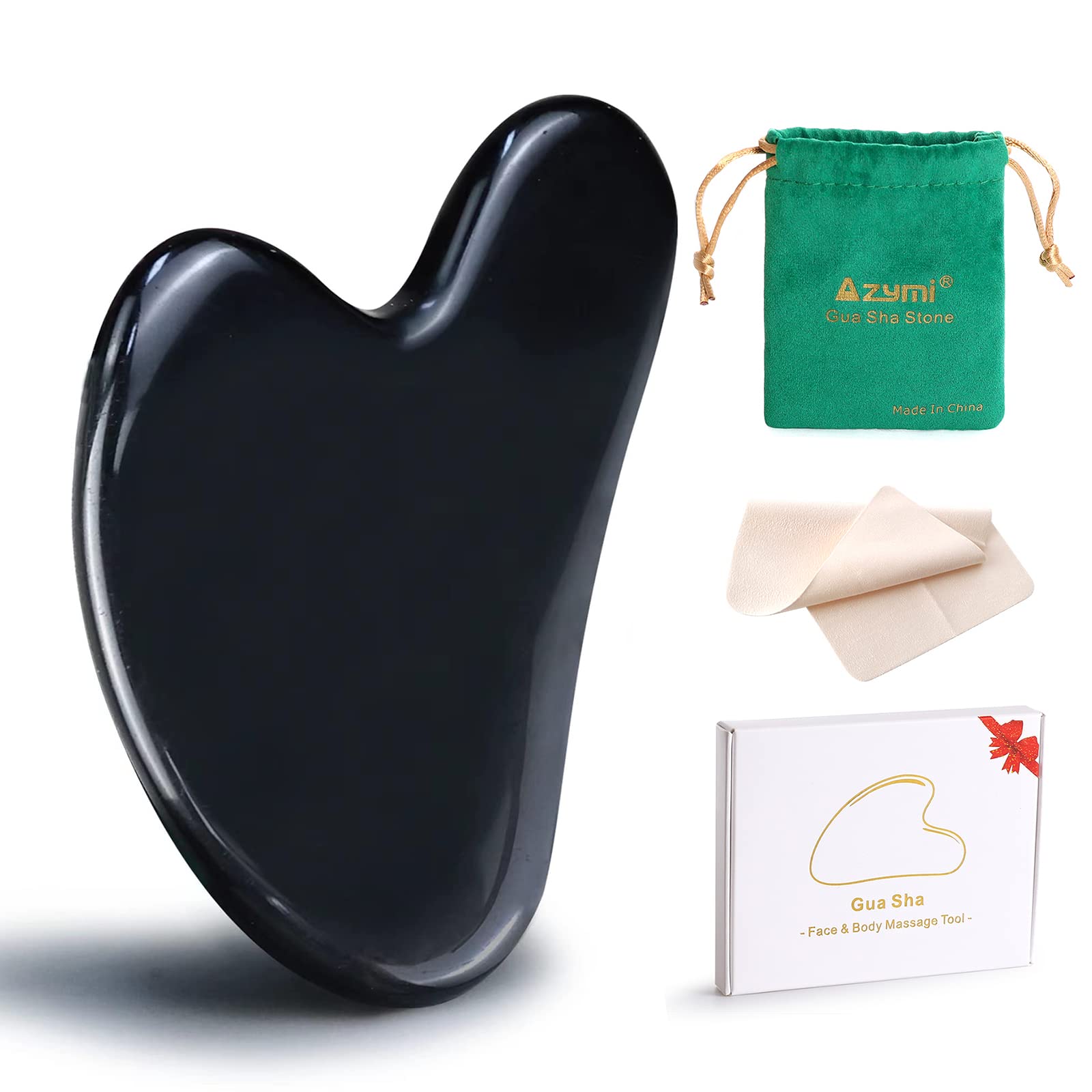 Gua Sha Stone, Azymi Natural Black Obsidian Massage Scraper Tool for Face & Body Relieve Muscle Tensions Reduce Puffiness