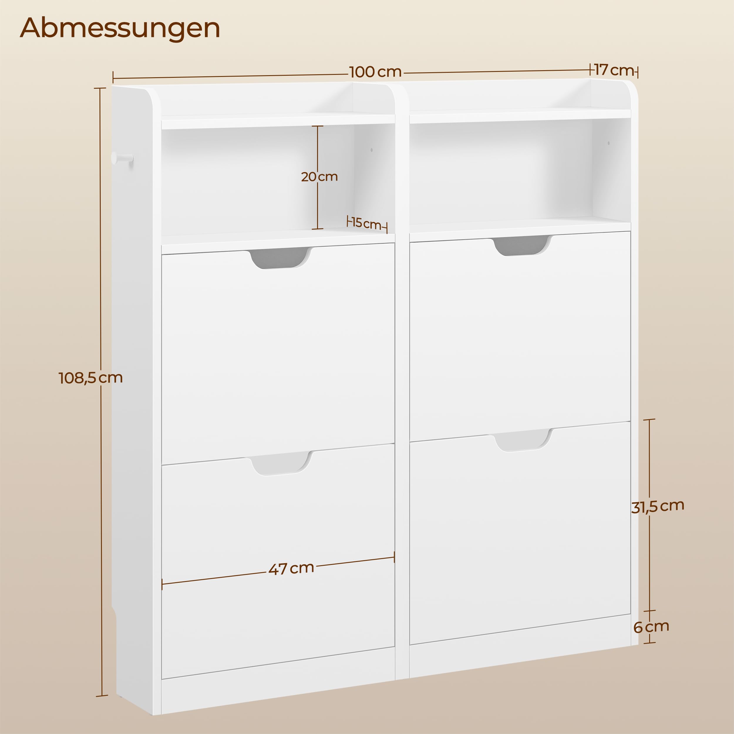 Yaheetech Schuhschrank 4 Klappen, Schuhkipper Schuhregal mit Offenen Fächern, Schuhablage Schmal für Eingang, Flur, Wohnzimmer, 100 × 17 × 108,5 cm, Weiß