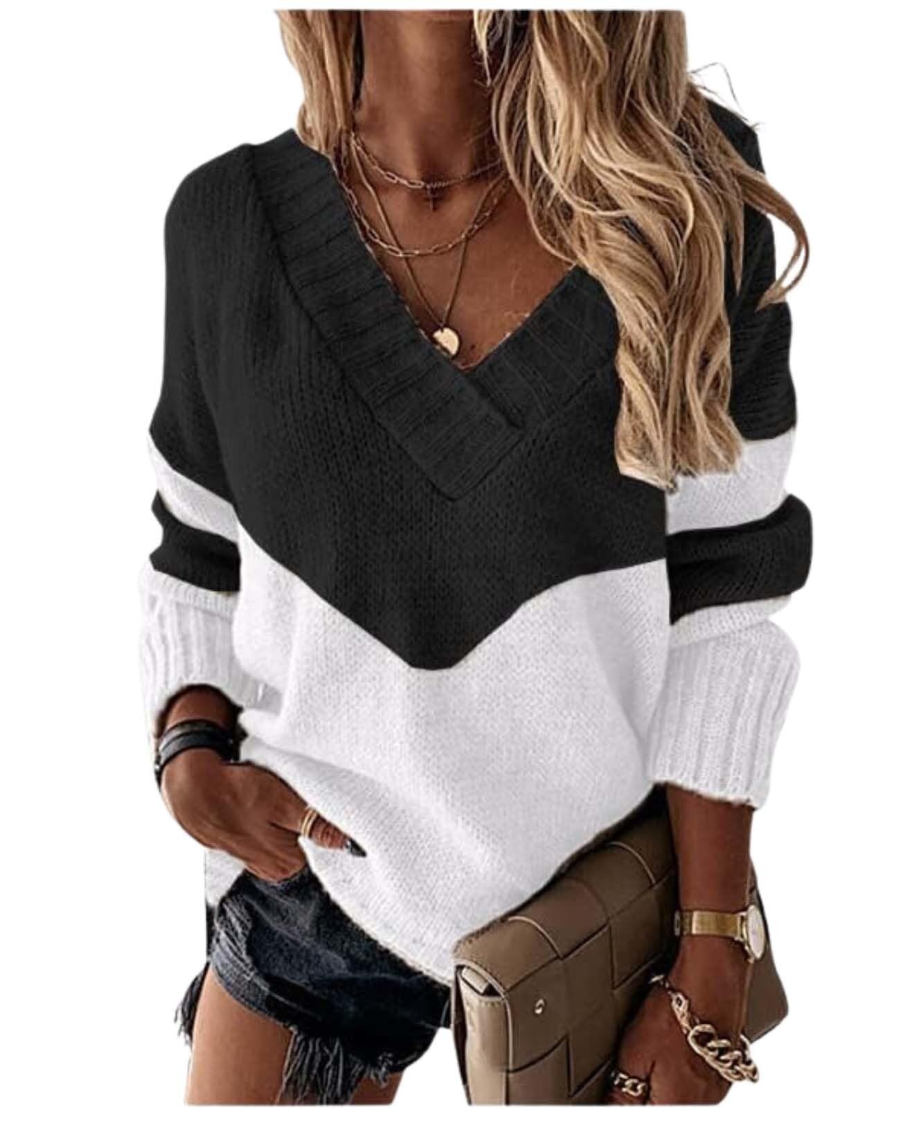 Womens Leopard Print Sweaters Fall Fashion Long Sleeve V Neck Color Block Pullover Loose Fit Knitted Sweater Tops