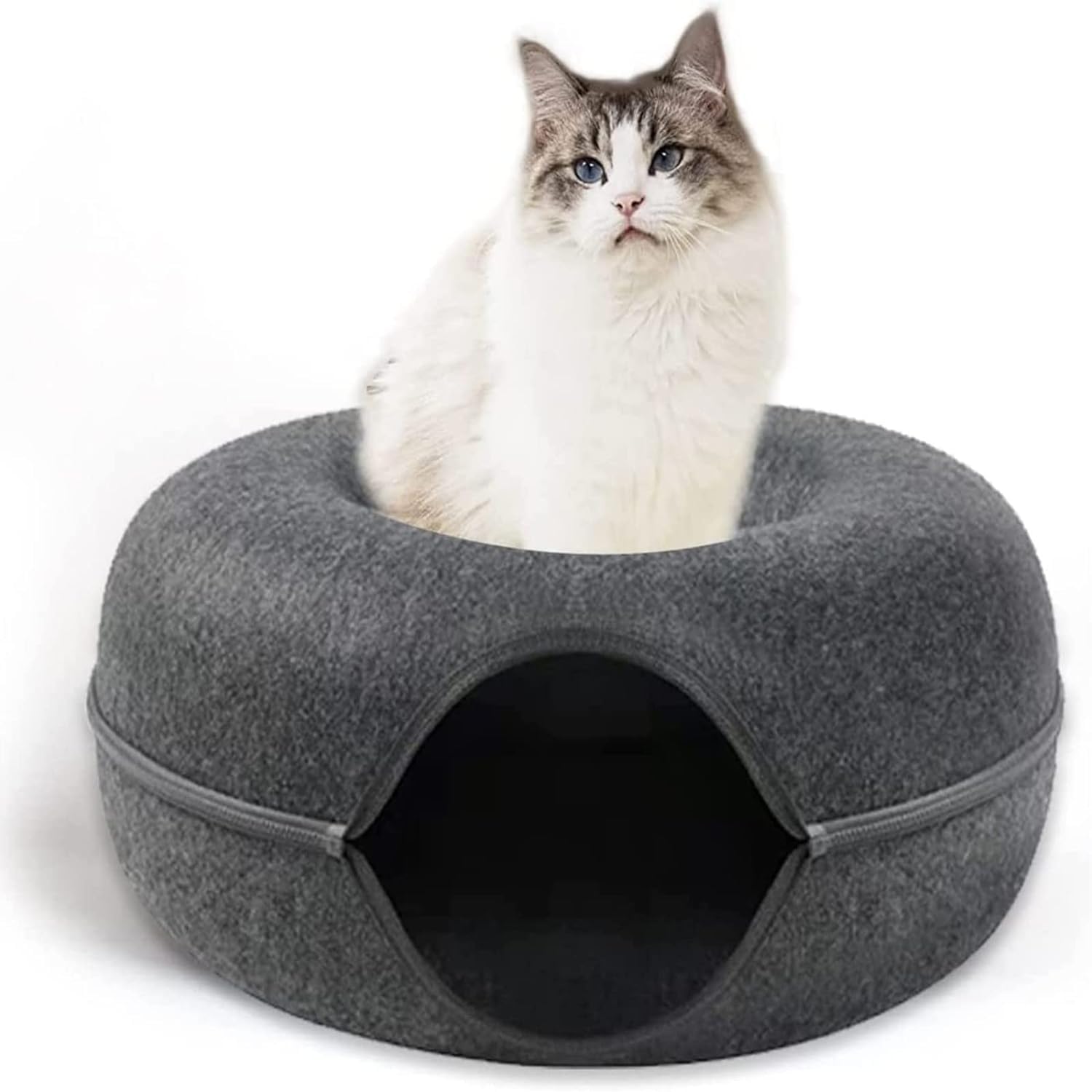 Cama para gatos, cuevas y casas, juguete de túnel extraíble, se puede utilizar para camas de gatos o juguetes para gatos, nido de gato, diseño redondo, cama para gatos, fieltro duro transpirable (L)