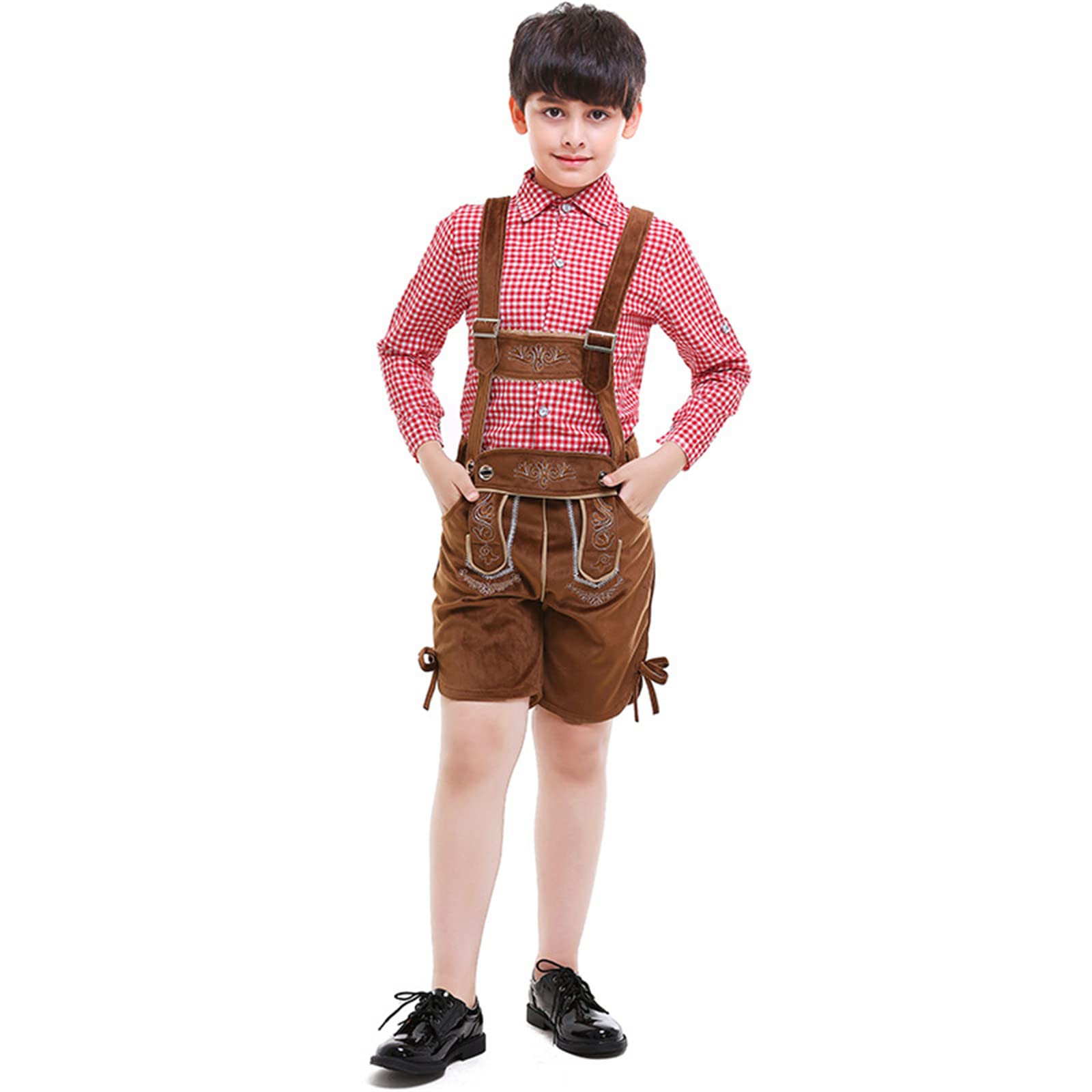 Kinder Trachten Lederhose Jungen Mädchen Kurze Trachtenhose Mit Kariert Trachtenhemd Und Trachtensocken Trachten Arbeitshosen Baumwolle Cosplay Outfit Für Oktoberfest Trachtenhose Lederhose Jungen