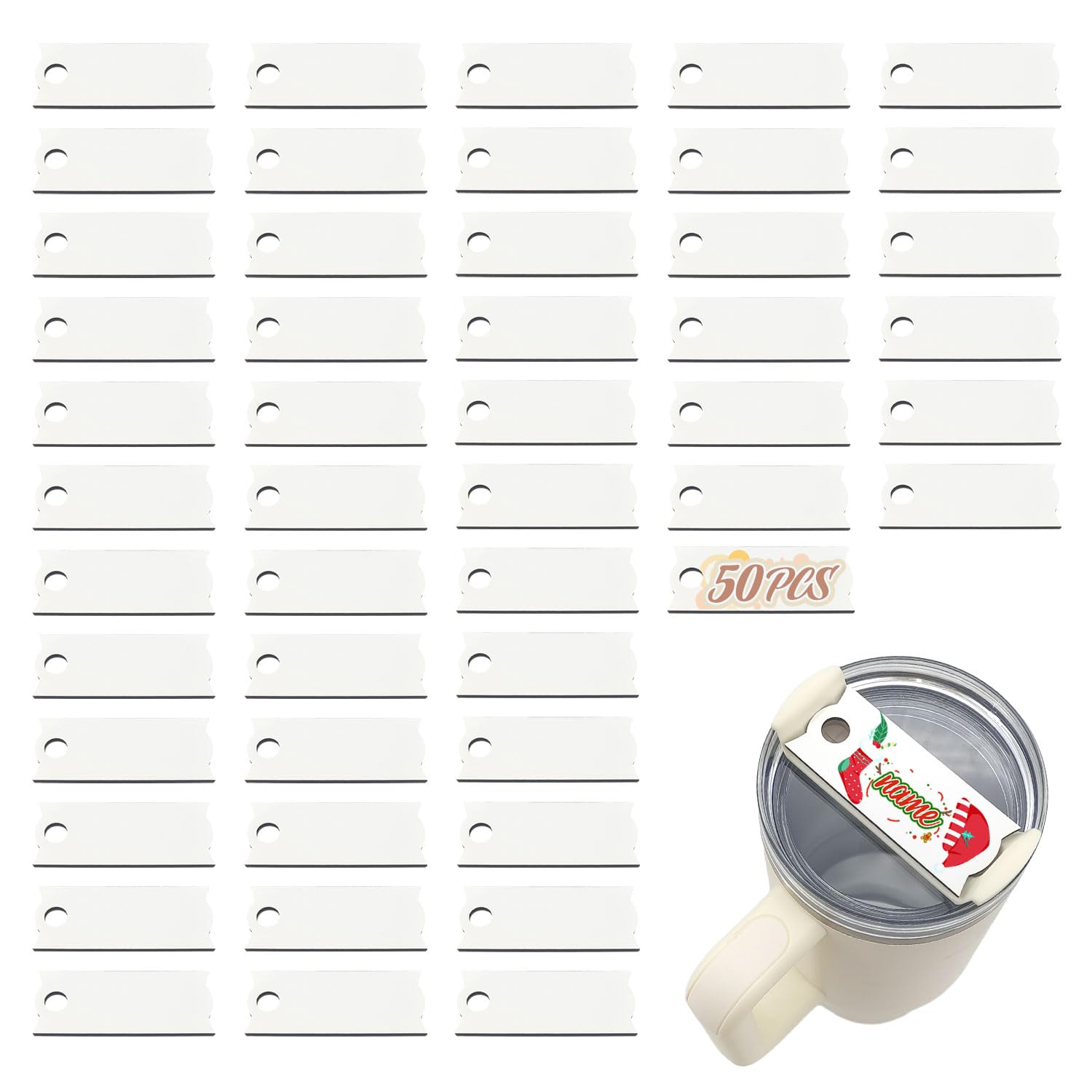 50 PCS Sublimation Hardboard Name Plates Holder Blanks for Stanley 40 OZ Tumblers, MDF Personalized Name Tag Customized Designs for Stanley Cup, White 3" x 1.25"