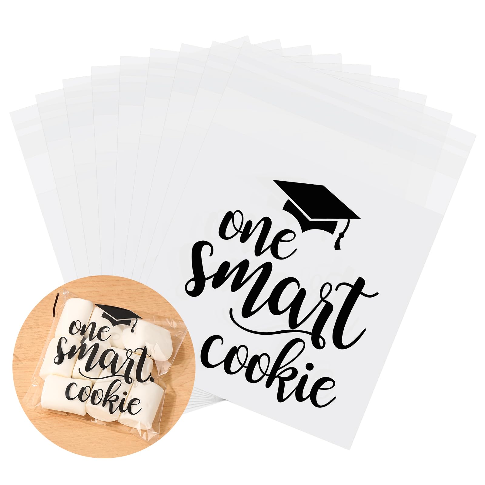 Whaline 320 Pcs 2026 Graduation Self Adhesive Treat Bags One Smart Cookie Cellophane Gift Bags Clear Candy Bag Plastic Goodie Bag for Congrats Grad