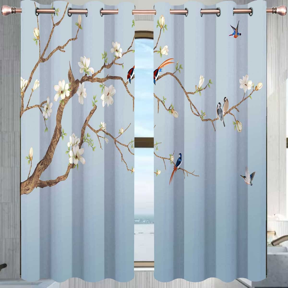 Amazon｜中国スタイル 遮光カーテン 2パネル 桜 梅 アート ドレープ