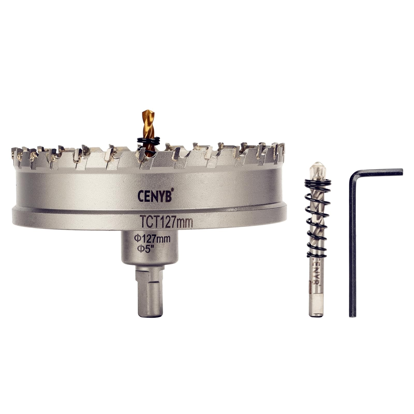 CENYB 5" (127mm) Tungsten Carbide Tipped Hole Saw with 2Pcs Titanium-Plated Pilot Drill Bits for Hard Metal,Stainless Steel,Iron,Aluminum Alloy,Wood