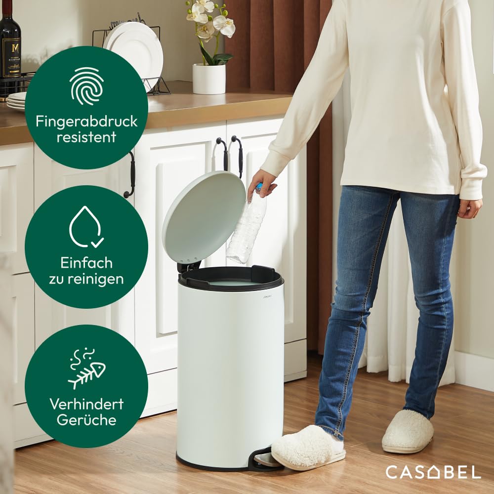 CASABEL Mülleimer Küche 30L, 100% Edelstahl, Resistent gegen Fingerabdrücke, Runder Treteimer mit Fußpedal, Abfalleimer mit Deckel für Bad, Küche, Büro, Mintgrün