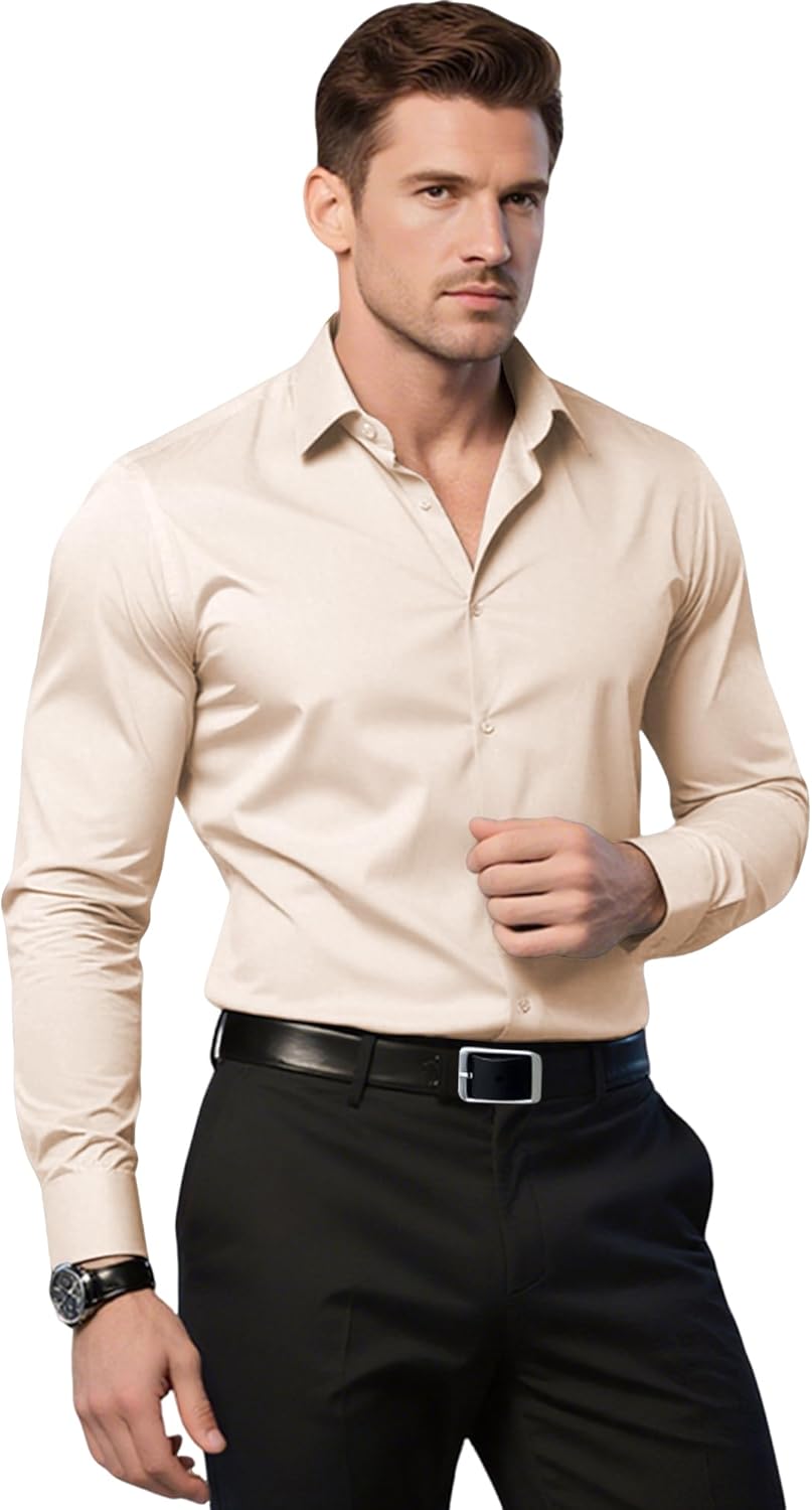 Men's Athletic Slim Fit Long Sleeve Button Down Shirts for Gym Business Casual Stretch Tops Breathable Solid Dress Shirts - Image 7