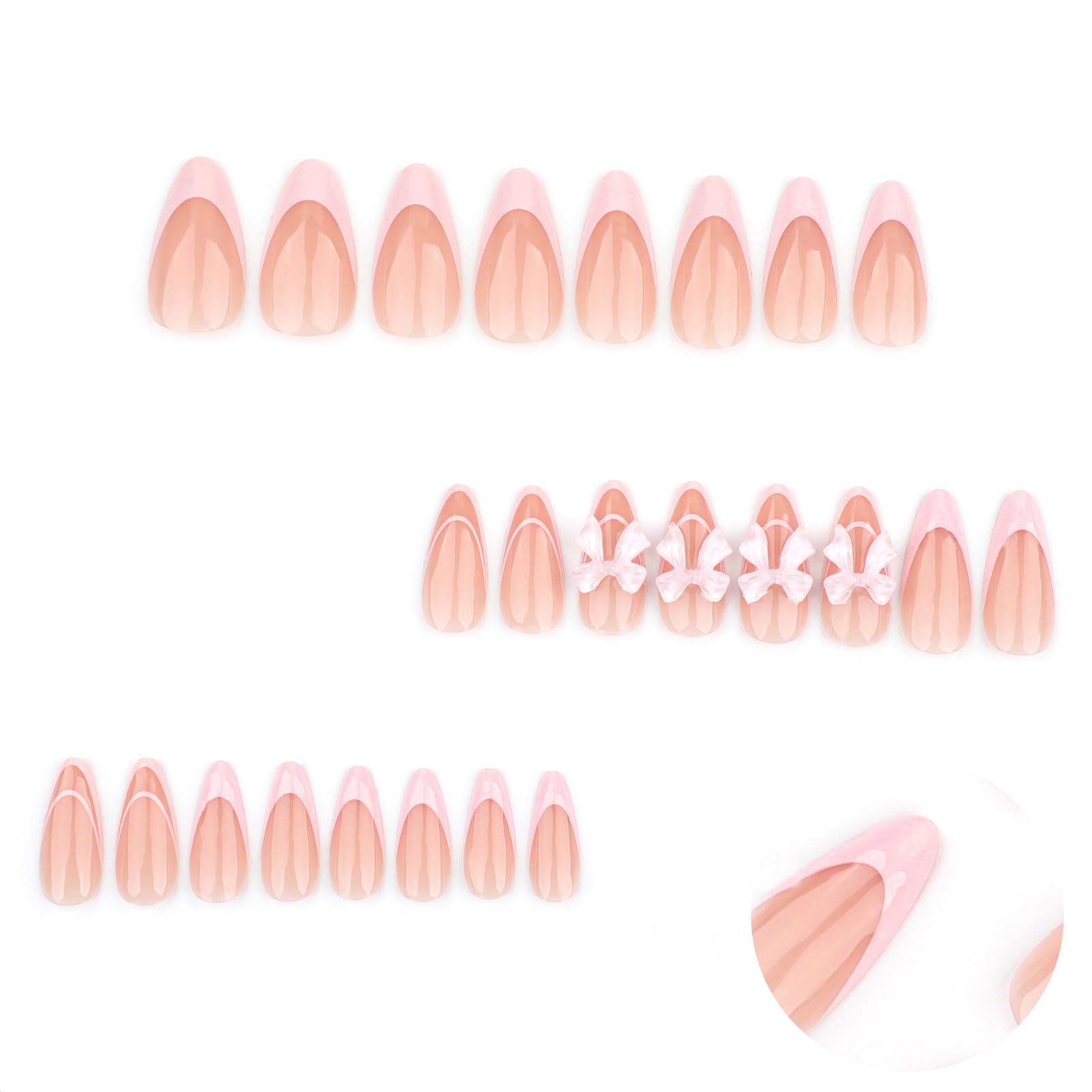 GlamRays 24 Piece French Tip Press on Nails Medium Sized Cute Fake Almond Stick on Nails with Pink Bow Decorations Glossy Nude Full Cover Art - Image 4