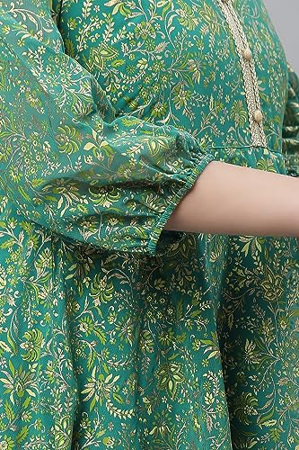 Image of Aurelia Women's Poly Georgette Regular Fit Lush Meadow Floral Printed Flared Kurta