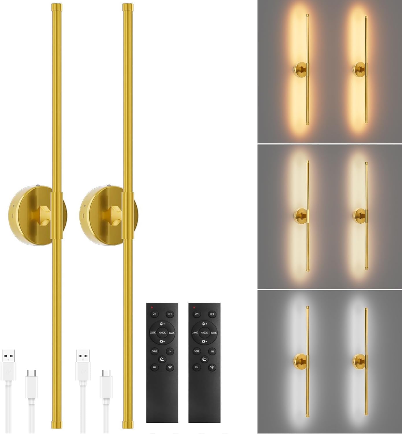 31.5" Battery Operated Wall Sconces Set of Two, Rechargeable Wall Sconce with Remote, Wireless Wall Lights 2800K-6500K Dimmable Wall Lamps for Bedroom Living Room Hallway TV Wall, Black Gold