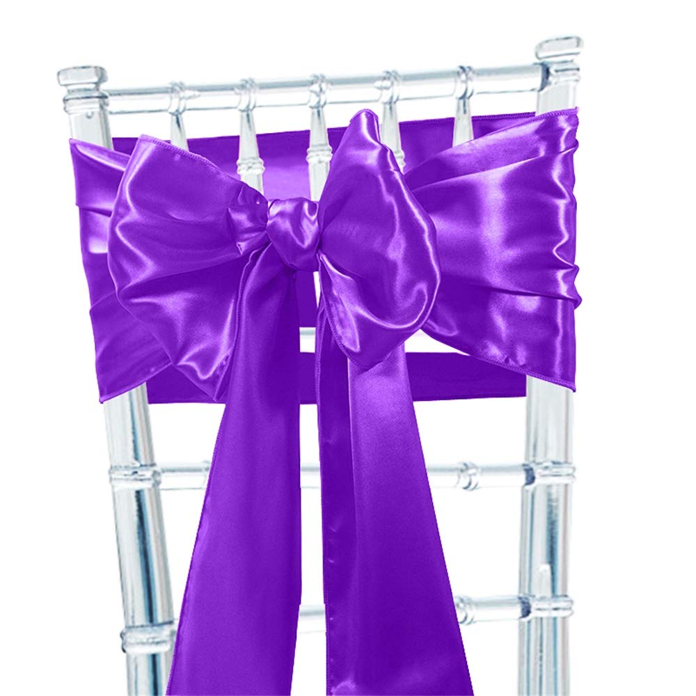 Time to Sparkle 100pcs Satin Chair Cover Sashes Bow Tie Ribbon Table Runner Wedding Reception Decoration - Purple