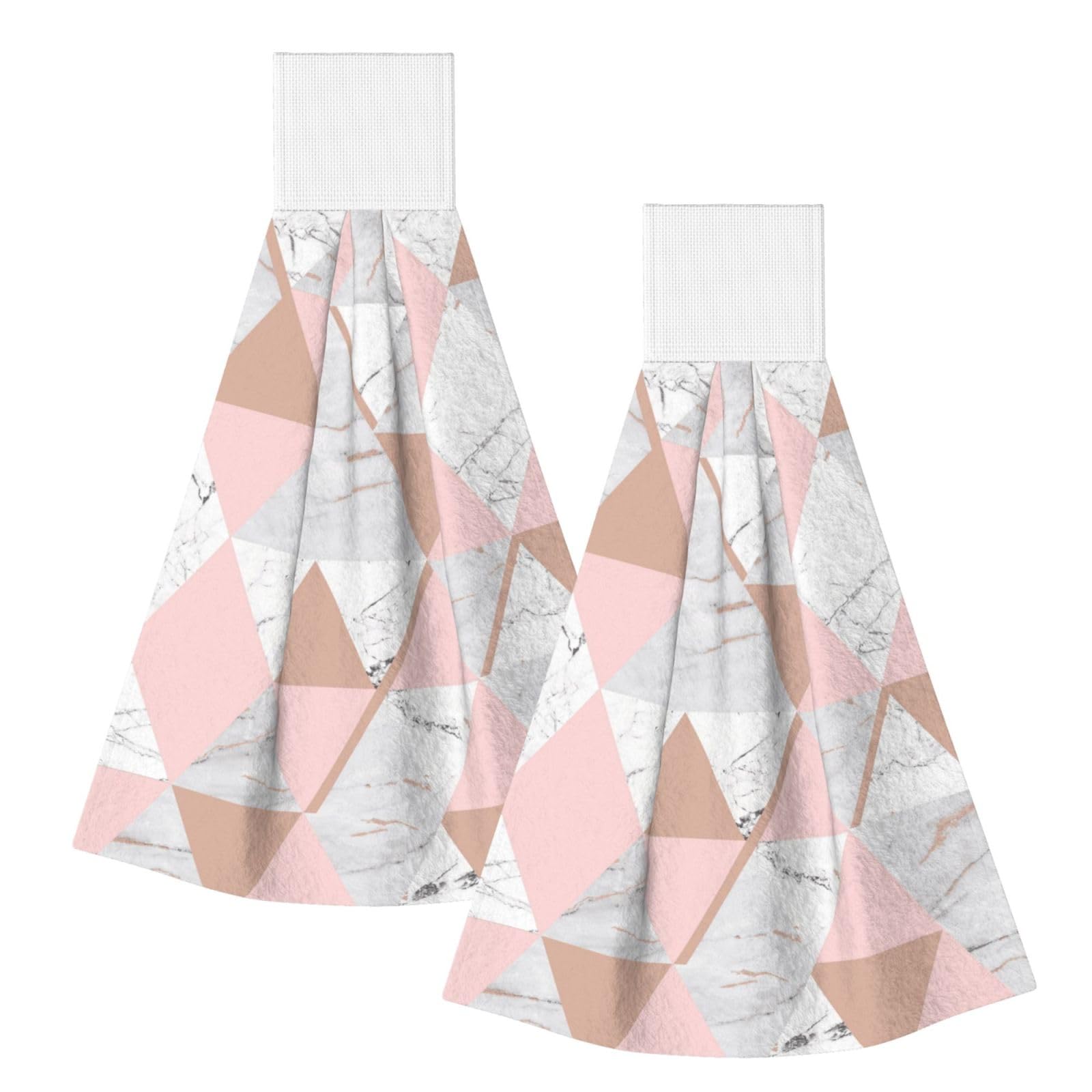 DOPKLNA Rose Gold Triangle Marble Pattern, 2 Pcs Hanging Coral Fiber Hand Towels for Bathroom, Absorbent Kitchen Towels