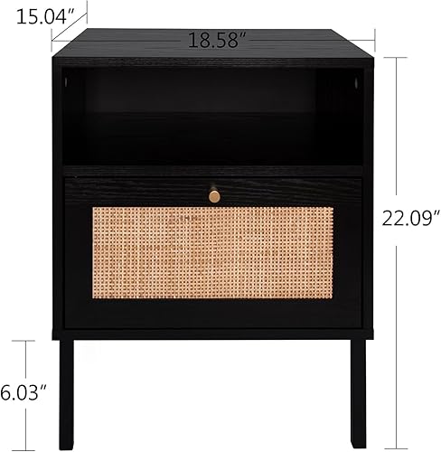 Miniatura 3 de Juego de 2 mesitas de noche de ratán natural, mesa auxiliar decorativa, mesa de noche bohemia con 1 puerta decorada a mano para sala de estar,