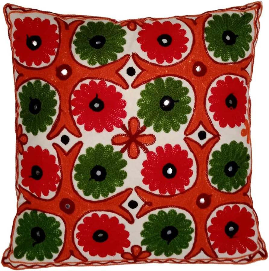 Purpledip Cotton Throw Pillow Cushion Covers 'Floral Delight': Ethnic Design Embroidery, Set of 2, 16 Inches (12445B)