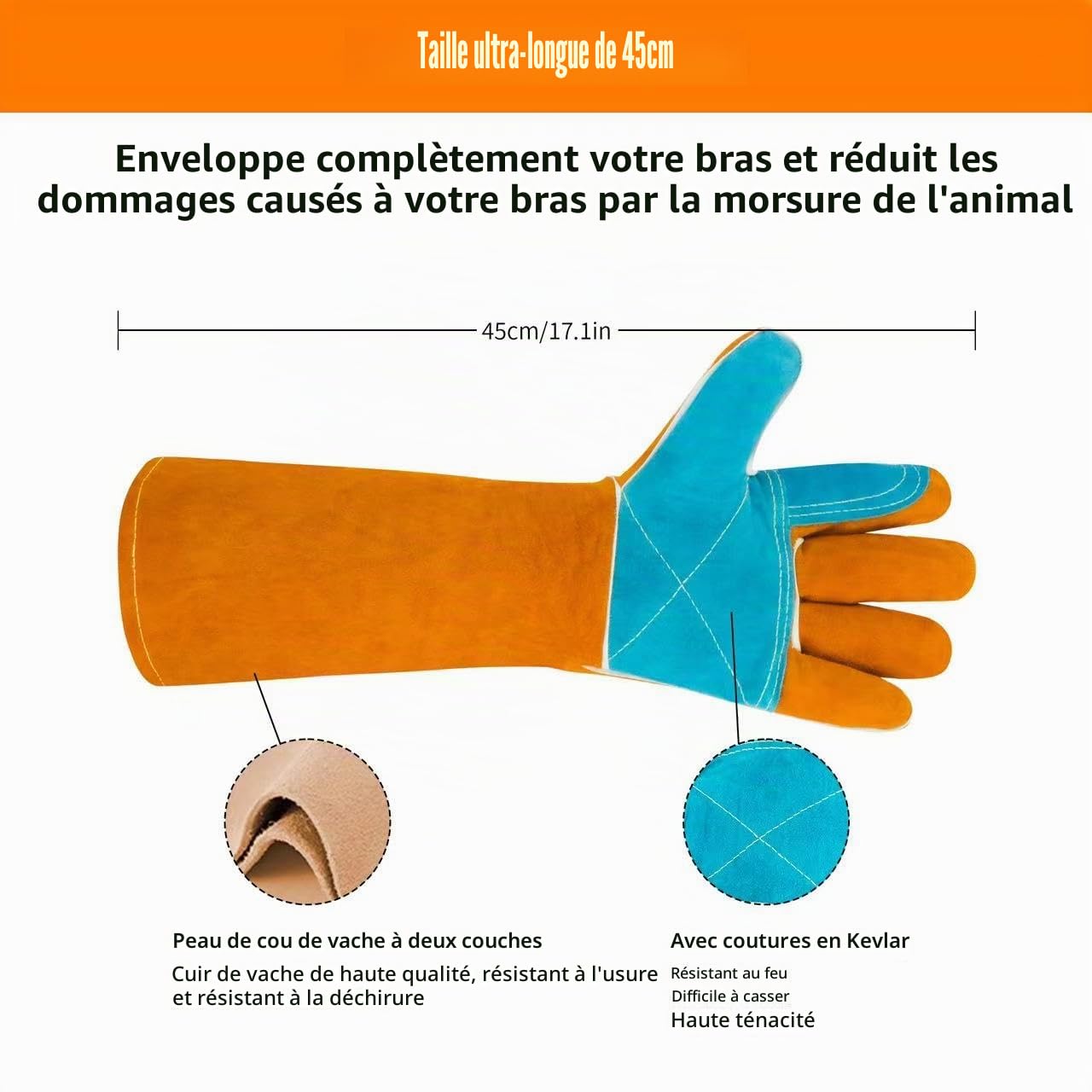 Gants de manipulation d'animaux en Kevlar résistant aux morsures et à la soudure, en cuir renforcé, résistant à la chaleur/à l'usure, pour dressage d'animaux domestiques, griffures de chat,