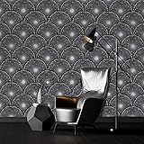 Black Peel and Stick Wallpaper Scallop Removable Wallpaper for Bedroom Self Adhesive Wallpaper Stick...