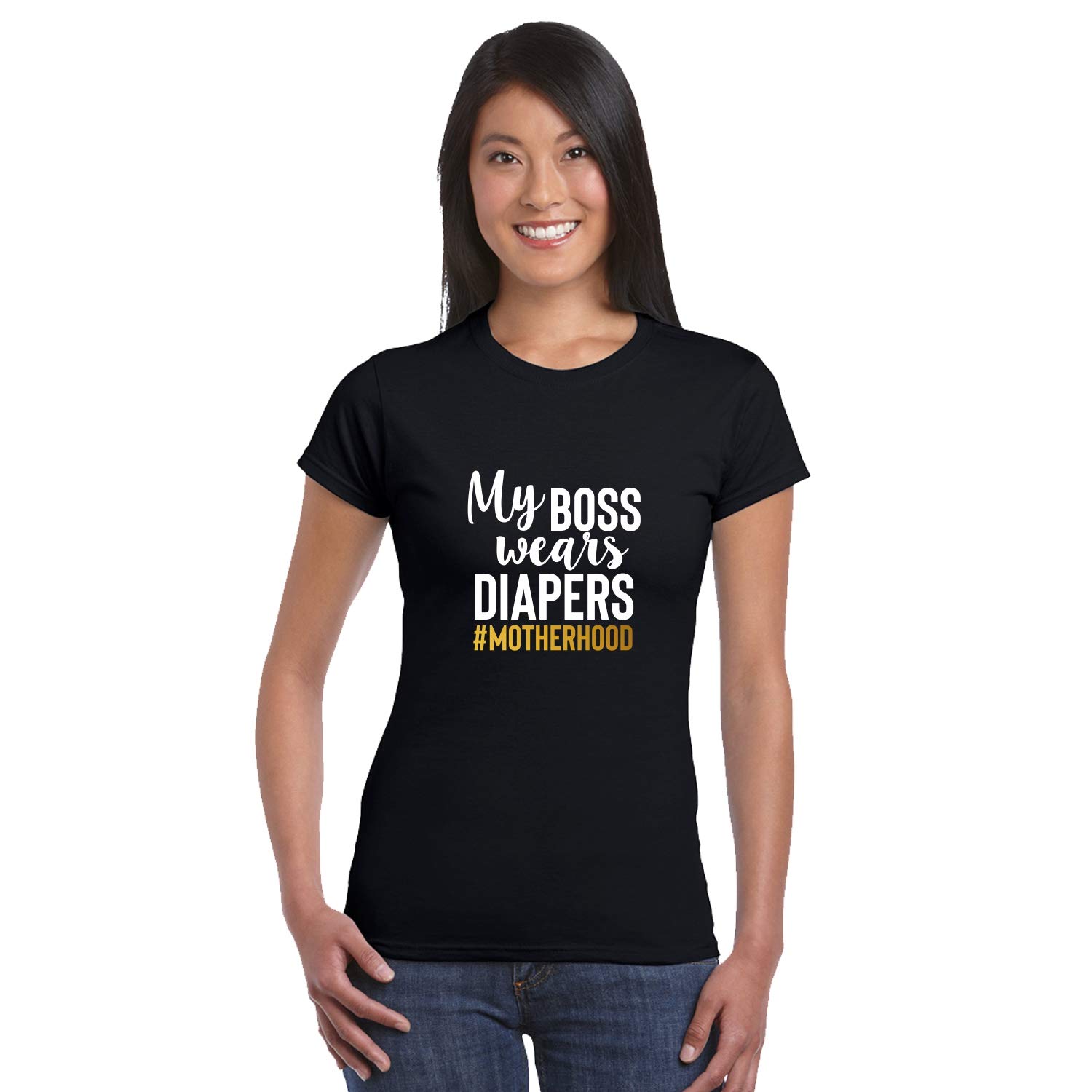 TheYaYaCafeYaYacafe Mothers Day My Boss Wears Diapers Motherhood Women Cotton Printed T-Shirt Black Large