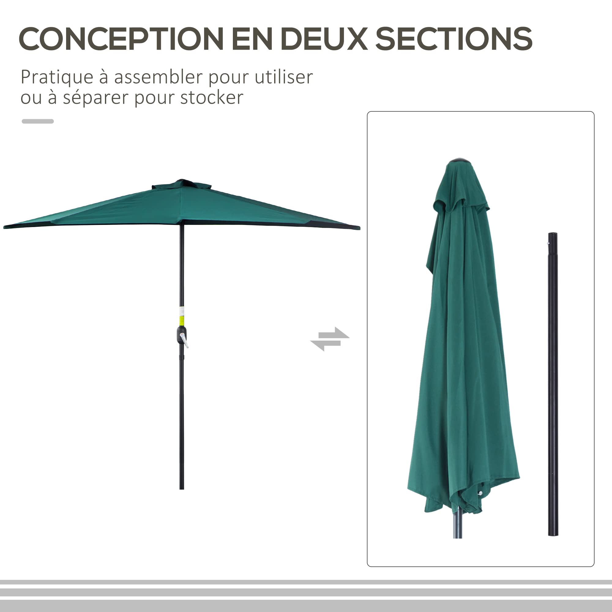 Outsunny Demi-Parasol Ø 2,7 m parasol de balcon 5 entretoises métal polyester