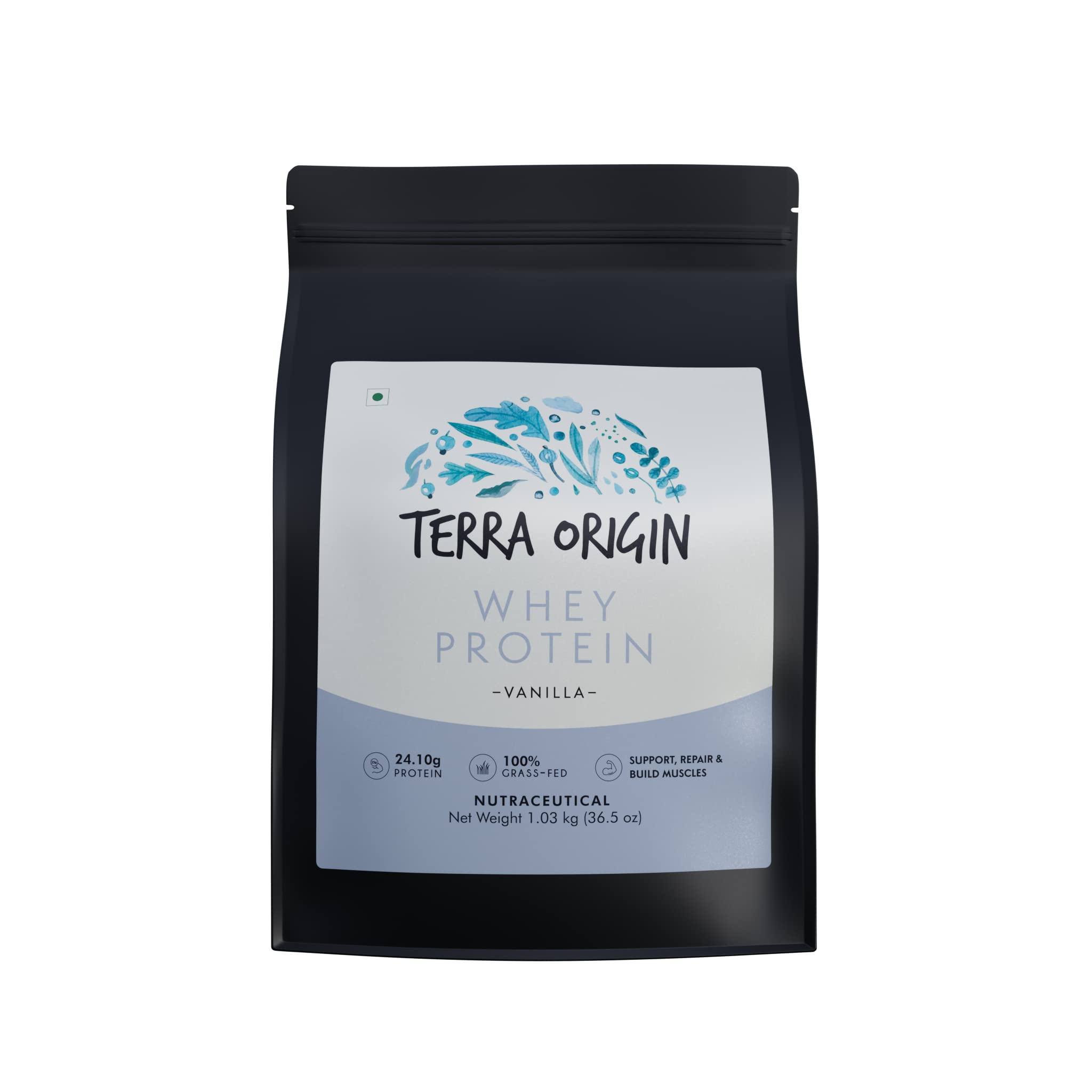 Terra Origin Grass-Fed 1.12kg Whey Protein, 25 gm Protein, 30 Serving Scoops, High in BCAA‘s and Gluten Free to Helps build your muscle size Flavour Vanilla