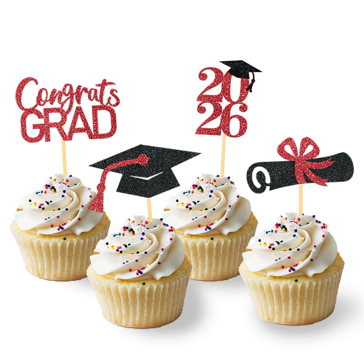 24Pcs Graduation Cupcake Toppers, Graduation Cupcake Picks for Cupcake Food Decorations - Class of 2026 Graduation Cupcake Toppers Supplies (Black & Red-2026)