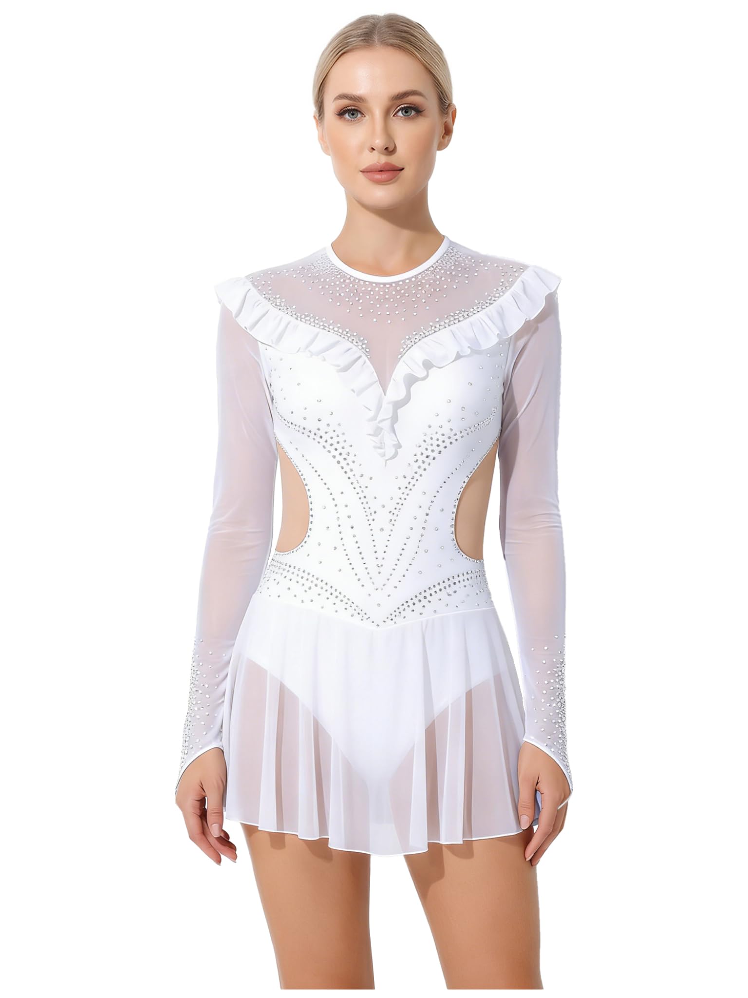 Runhomal Femme Strass Robe Patinage Artistique Adulte Manches Longues Justaucorps Gymnastique Ballet Robe de Danse Salsa Latine Rumba Costume de Danse Lyrique S-XXL