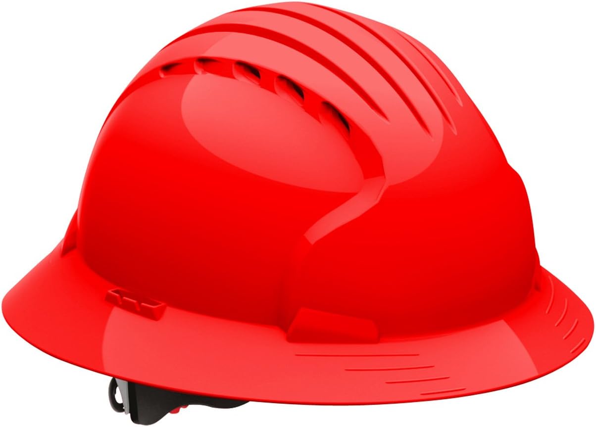 Evolution Deluxe 6161 280-EV6161-10 Full Brim Hard Hat with HDPE Shell, 6-Point Polyester Suspension and Wheel Ratchet Adjustment (VENTED, Red)