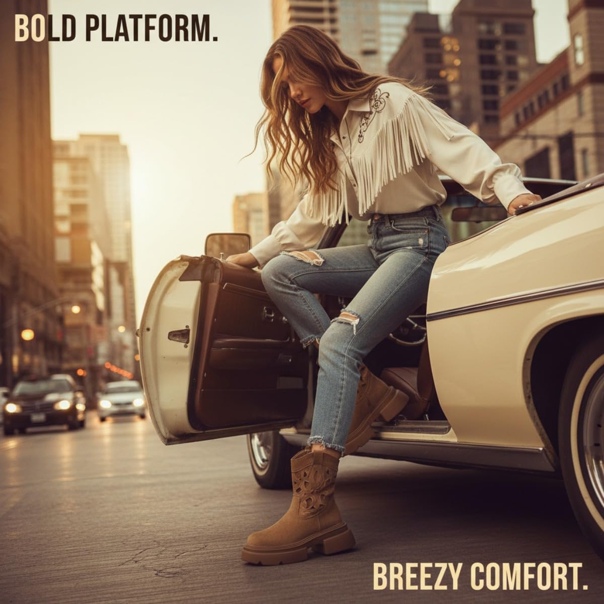 Women's Vintage Faux Suede Western Cowboy Boots, Square Toe Cutout Chunky Platform Short Booties Breathable Mesh Summer Ankle Boots