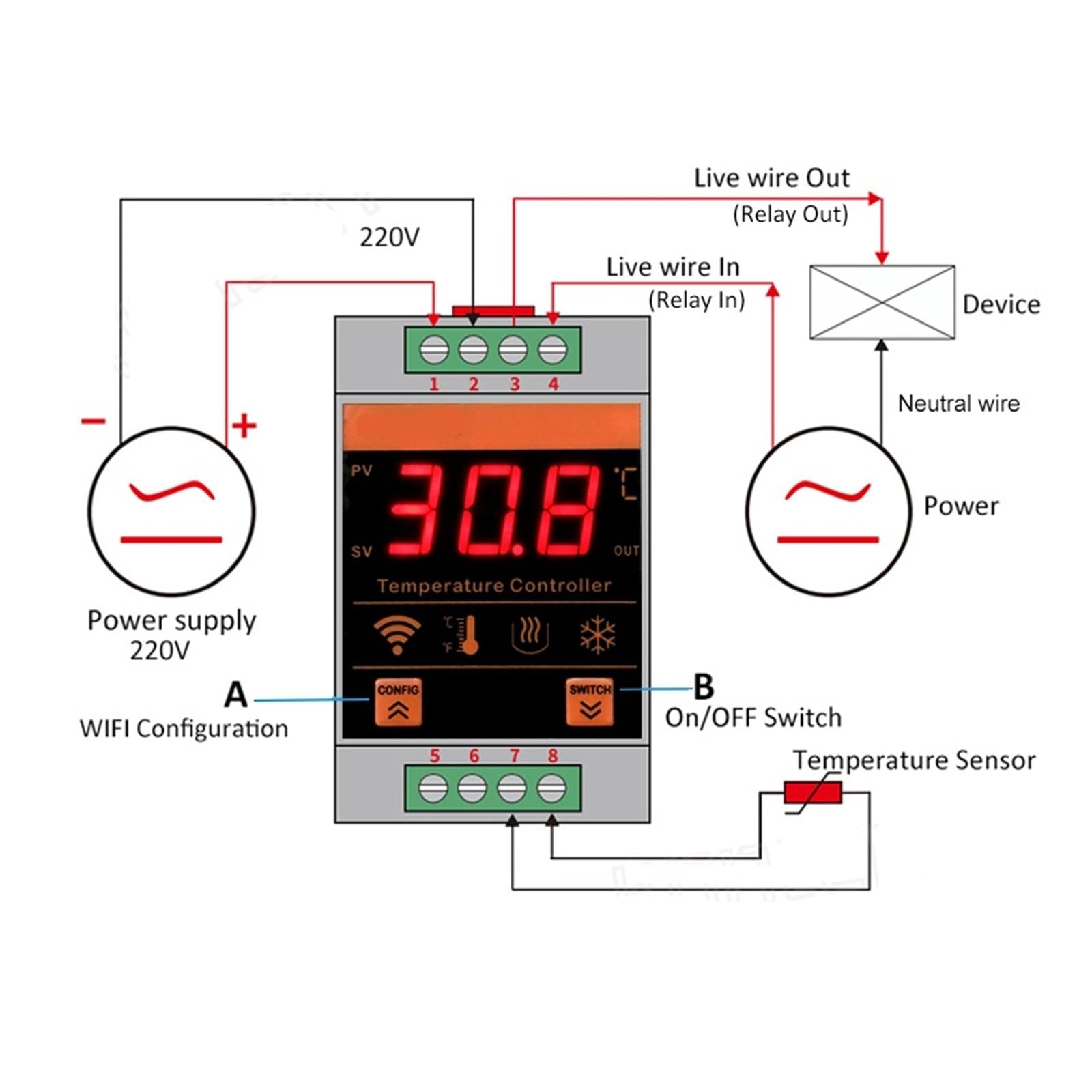 Controlador de Temperatura Controlador de Temperatura Termómetro con Sensor Externo Digital Remoto Habitación Caldera Calefacción Frigorífico(AC220V Power)