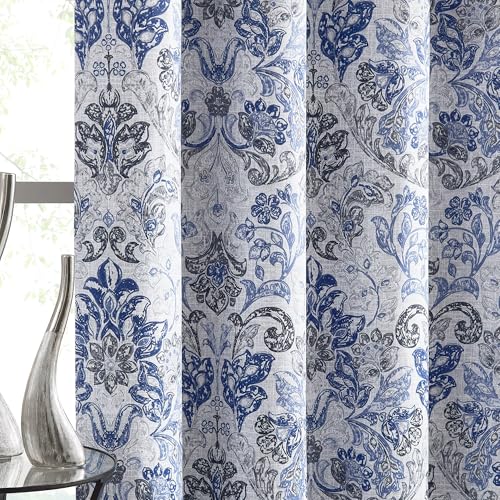 Metro Parlor 100% Blackout Curtains 96 Inch Length 2 Panels for Living Room Bedroom Blue Grey Damask...