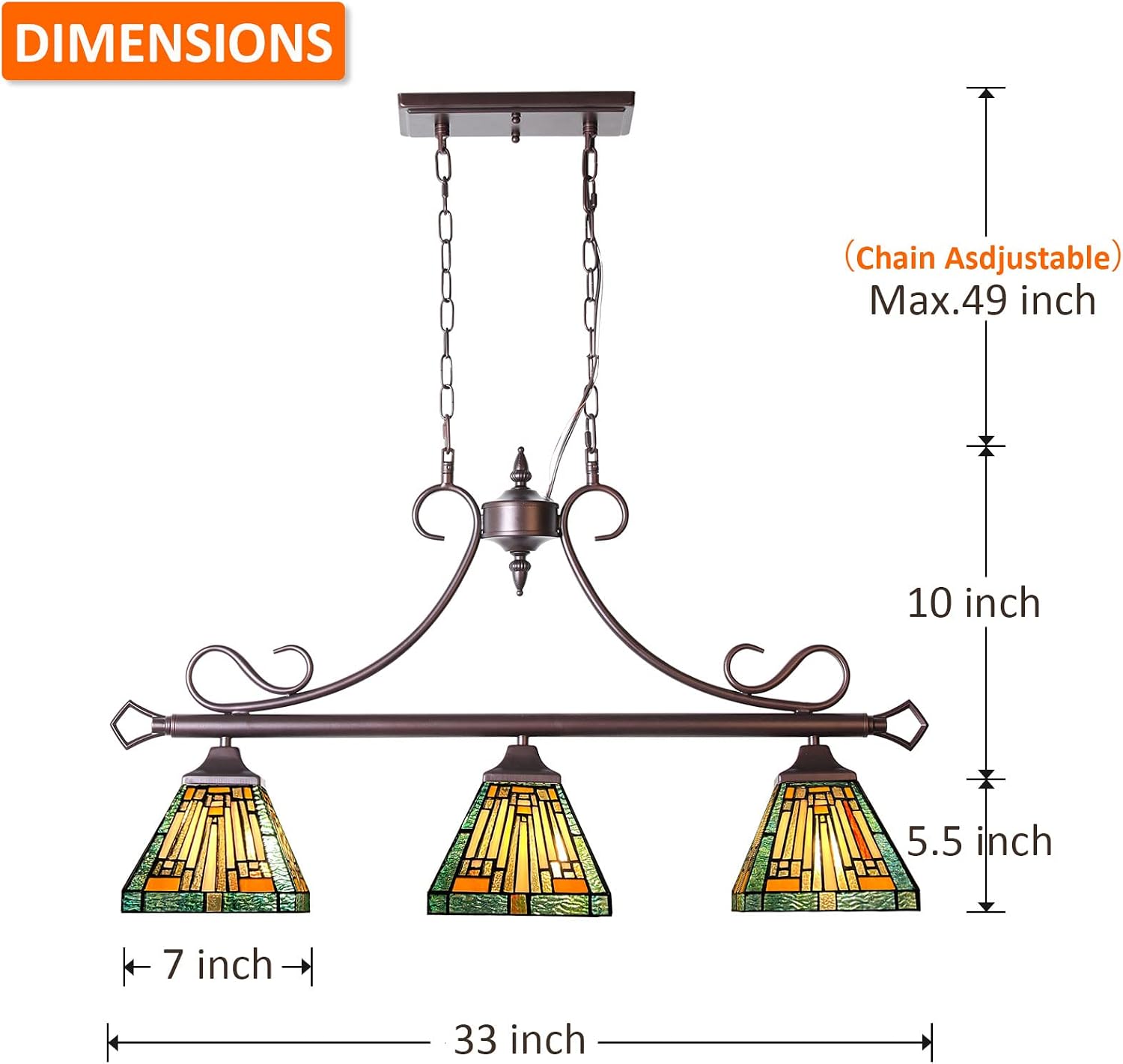 Capulina Tiffany Lamp Stained Glass Pendant Light 3-Lights 7 Inches Wide Vintage Antique Tiffany Style Chandelier Pendant Lighting Fixture for Rustic Farmhouse Kitchen Island Dining Room