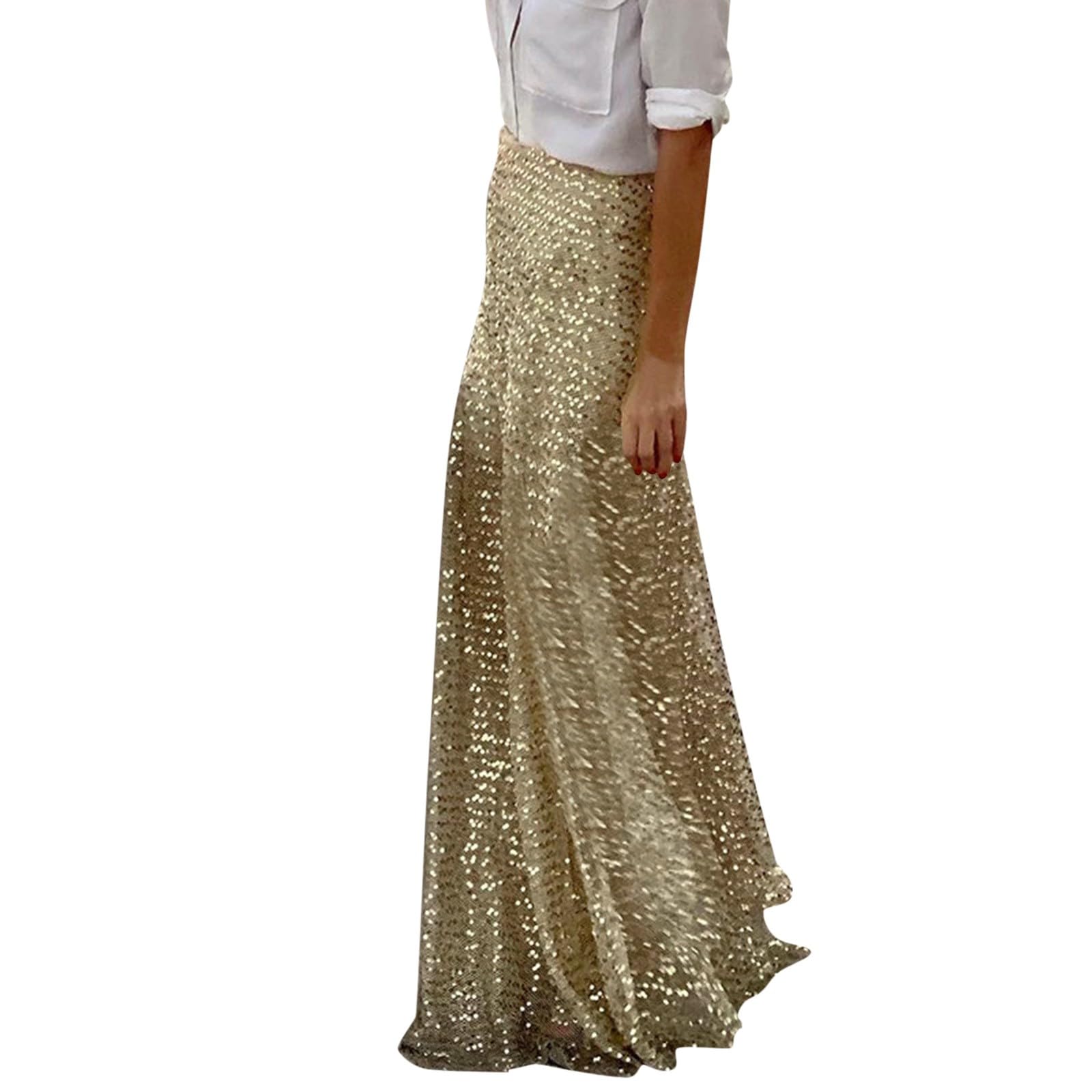 Groupies Stay Not Breakfast Sequins Glitter Skirt Elegant Slim Fit Holiday Long Female Floor Length Skirt Women's Short Tight, gold, L