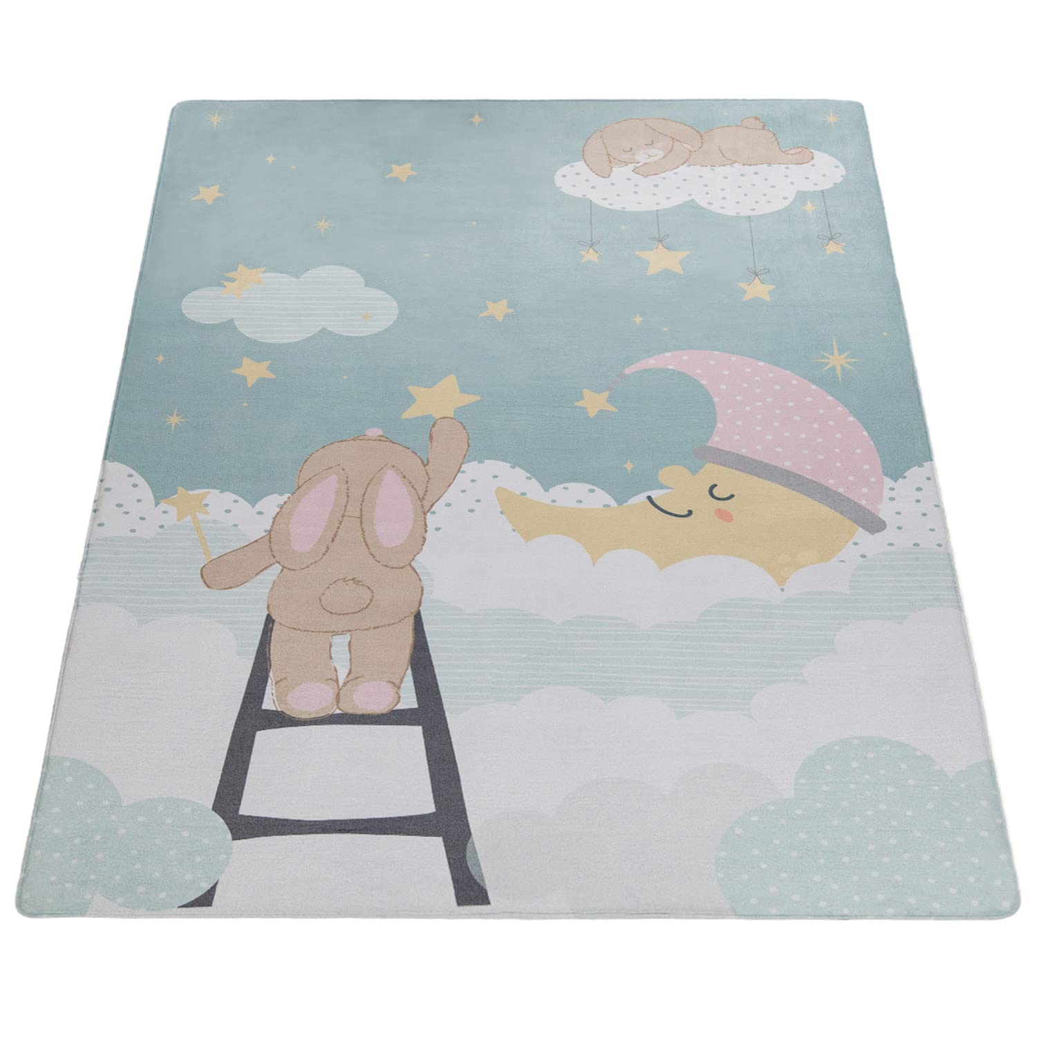 Paco Home Tapis Enfant Tapis Chambre Enfant Etoile Nuage Lune Lièvre Turquoise Crème Rose, Dimension:155x230 cm